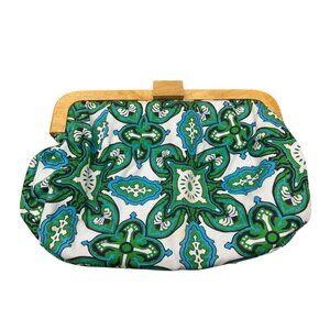 Vintage Old Navy Wooden Frame Clutch Bag With Green & Blue Floral Pattern